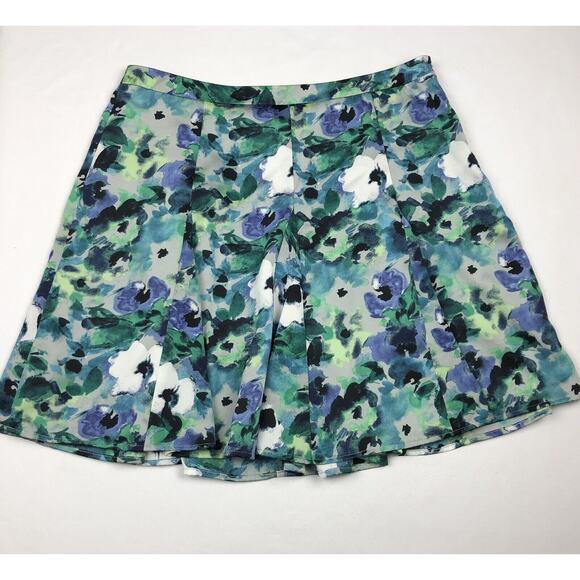 Ann Taylor Loft Pleated Skirt Women Petite 6P Blue Green Floral Lined Full Flowy - Picture 1 of 12
